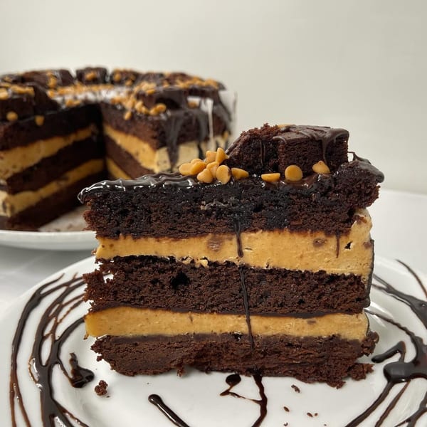 A slice of chocolate peanut butter cake with chocolate drizzle and peanut butter chips on a white plate.